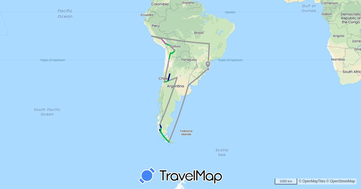 TravelMap itinerary: driving, bus, plane, train in Argentina, Bolivia, Brazil, Chile, Peru (South America)